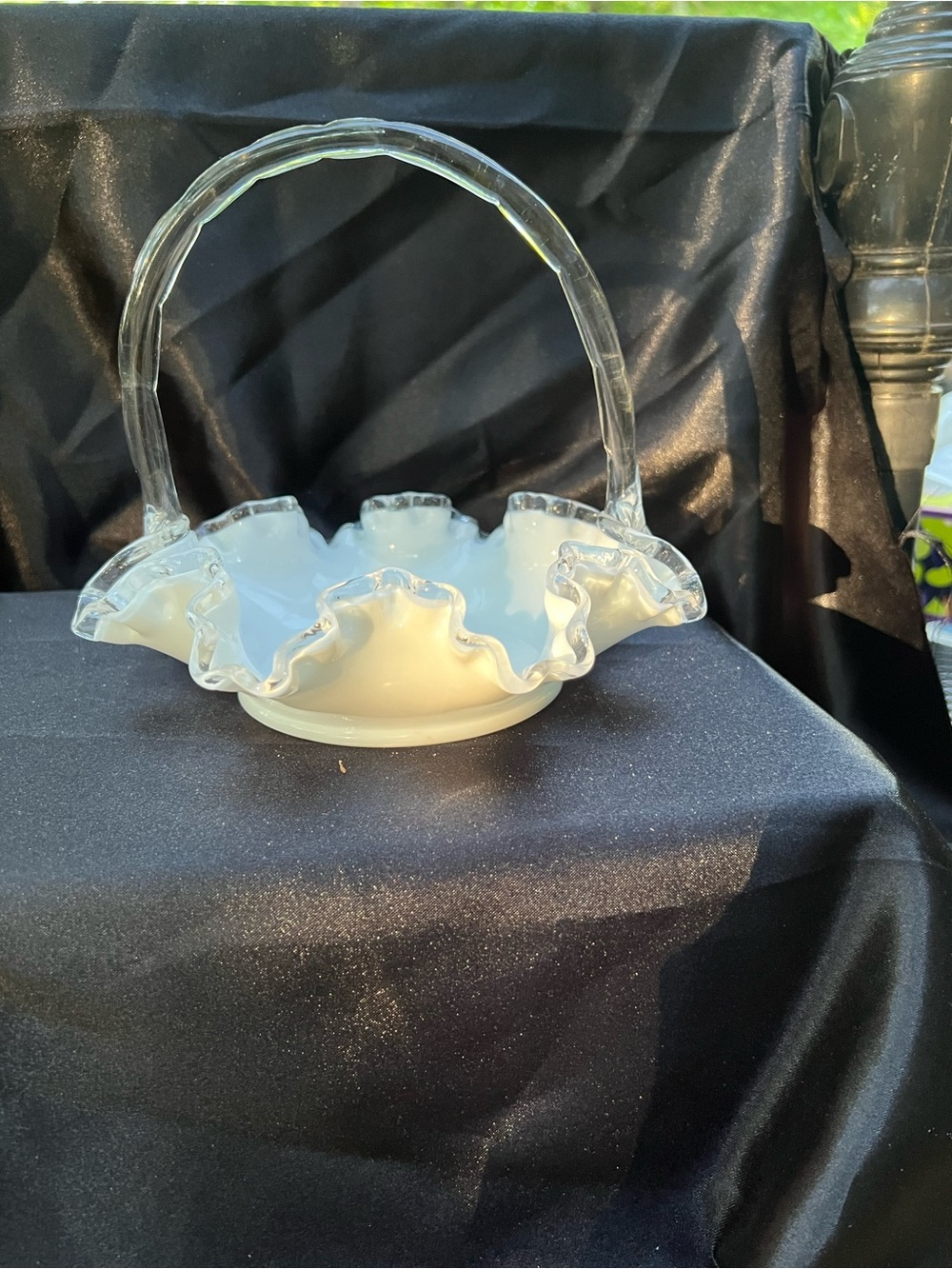 vintage Fenton Silver Crest basket features white milk glass with a ruffled rim